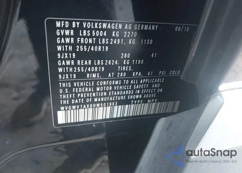 2017 Volkswagen Tiguan 2.0T Sel из США, поврежденный, VIN WVGWV7AX8HW501853